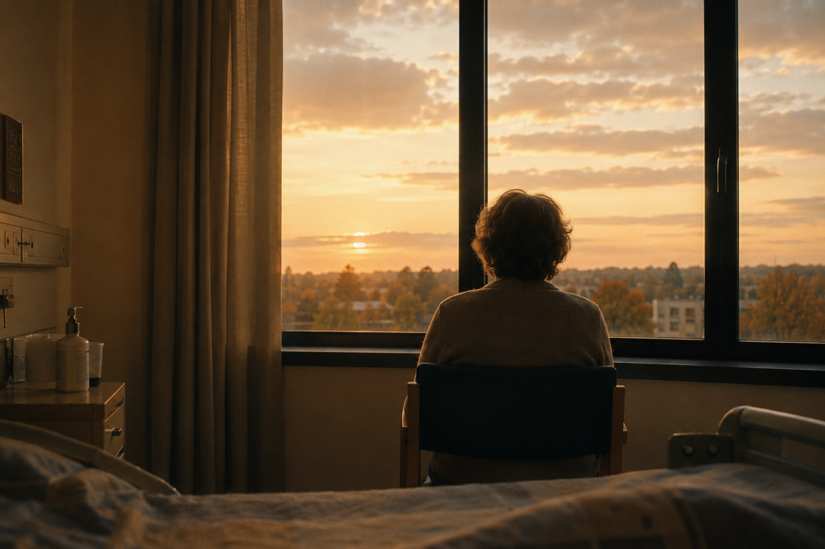 Une personne assise de dos dans une chambre d'hôpital face à une fenêtre au crépuscule.