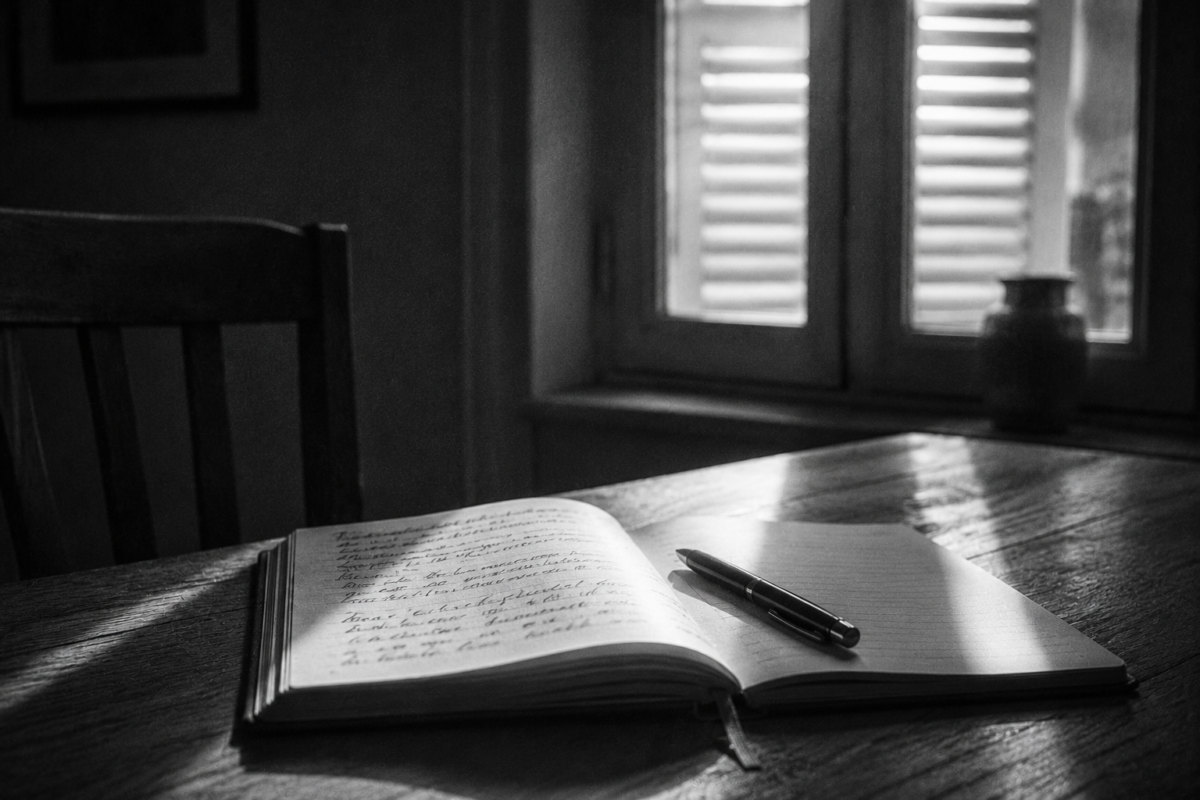 Un carnet ouvert et un stylo sur une table en bois baignés de lumière matinale.