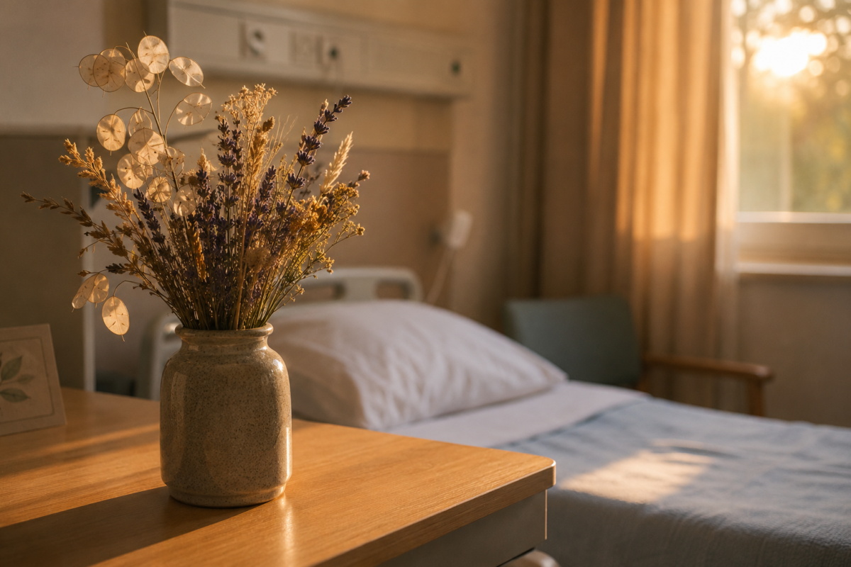 Un bouquet de fleurs séchées sur une table en bois dans une pièce baignée de lumière douce.
