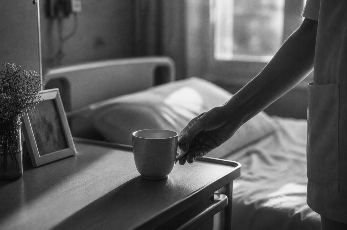 La main d'un soignant posant une tasse sur une table de chevet.