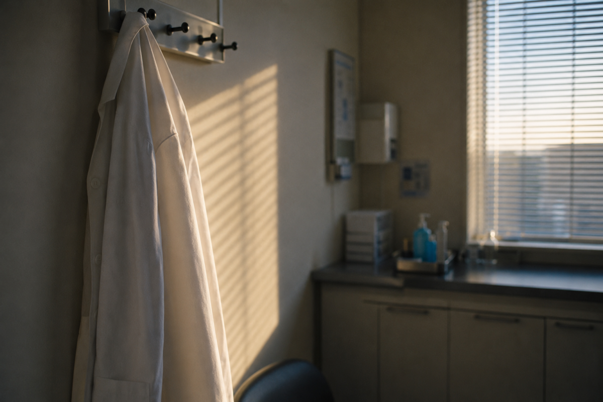 Une blouse blanche suspendue dans un cabinet médical baigné de lumière tamisée.