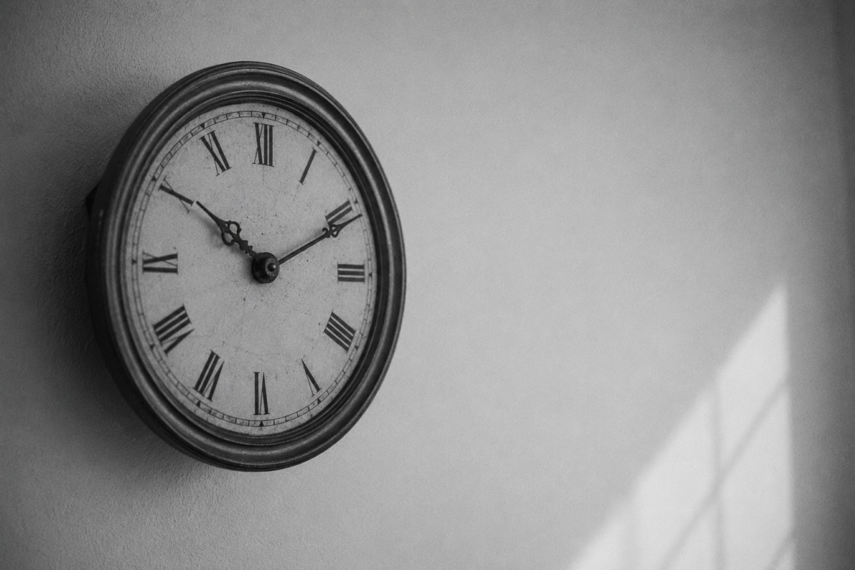 Le cadran d'une horloge ancienne sur un mur neutre.