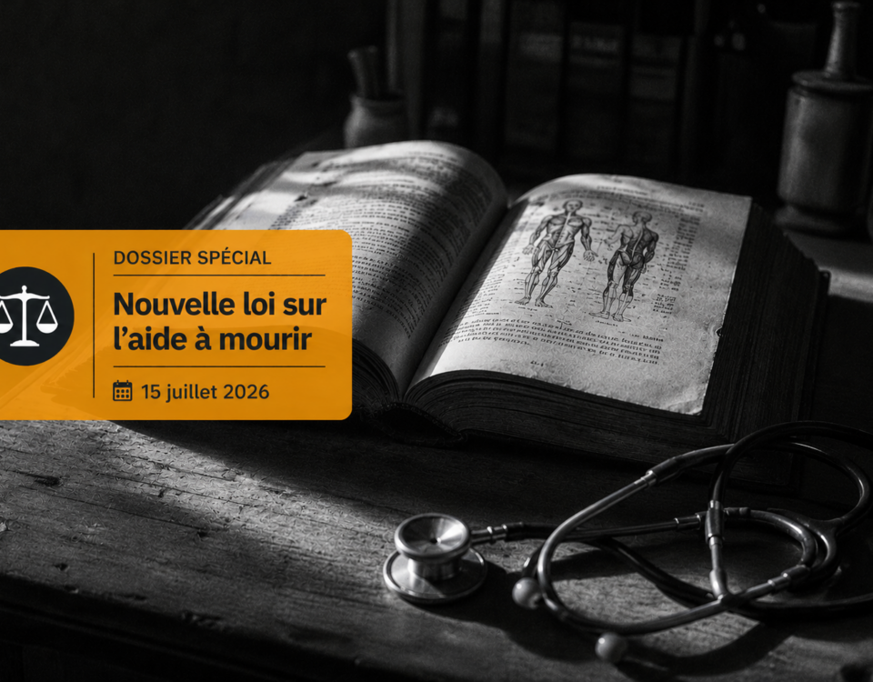 Un traité médical ancien ouvert à côté d'un stéthoscope, surmonté d'un bandeau informatif sur la loi de juillet 2026.