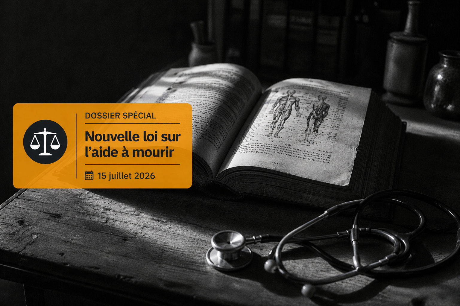 Un traité médical ancien ouvert à côté d'un stéthoscope, surmonté d'un bandeau informatif sur la loi de juillet 2026.