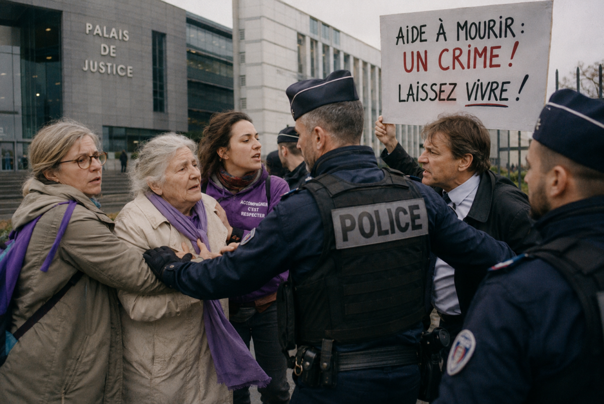 Confrontation tendue sur fond de débat sur l'aide à mourir, illustrant les enjeux juridiques du délit d'entrave et de la protection des malades.
