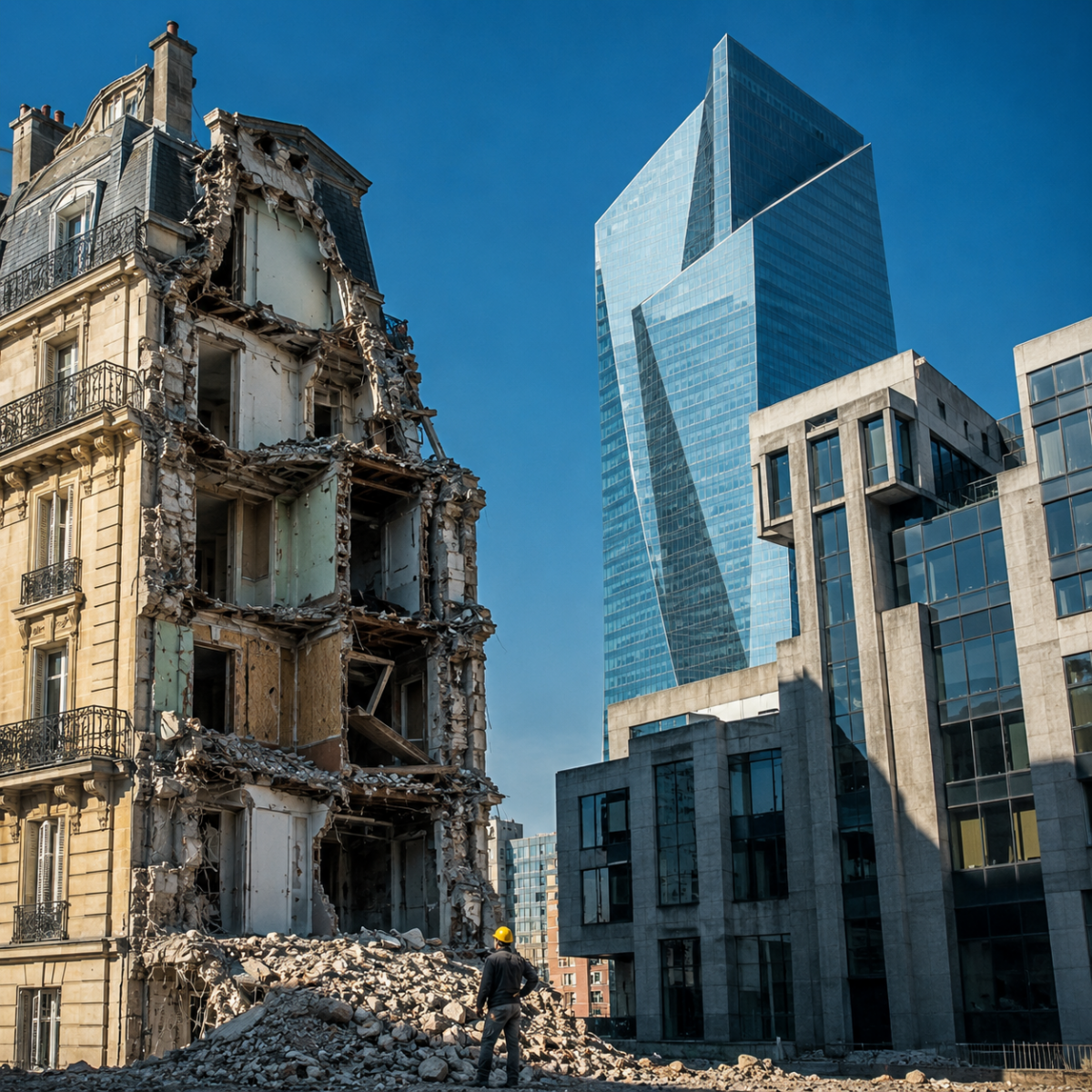Paysage urbain contrasté montrant une architecture ancienne et moderne, métaphore de la rupture civilisationnelle induite par la réforme de la fin de vie.