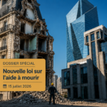 Paysage urbain contrasté montrant une architecture ancienne et moderne, métaphore de la rupture civilisationnelle induite par la réforme de la fin de vie.