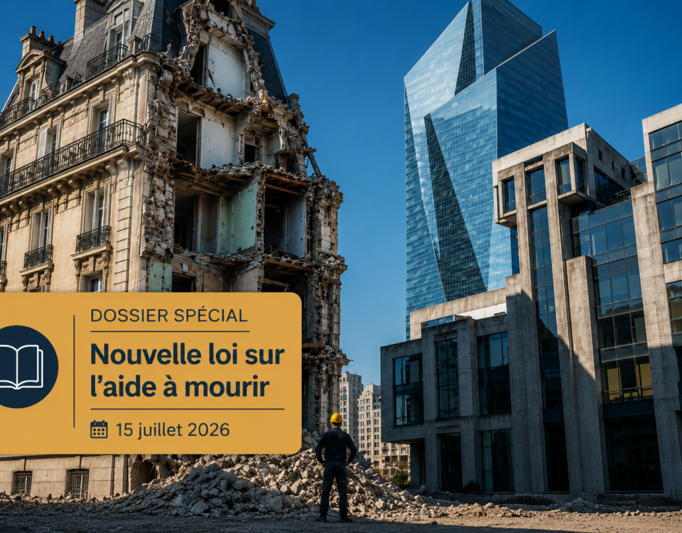 Paysage urbain contrasté montrant une architecture ancienne et moderne, métaphore de la rupture civilisationnelle induite par la réforme de la fin de vie.