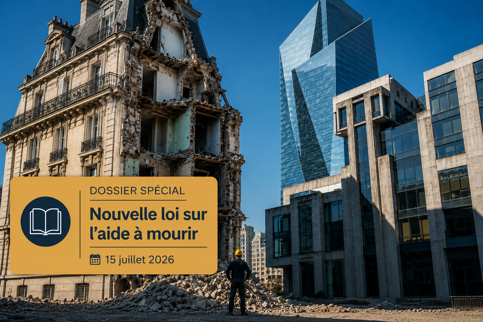 Paysage urbain contrasté montrant une architecture ancienne et moderne, métaphore de la rupture civilisationnelle induite par la réforme de la fin de vie.