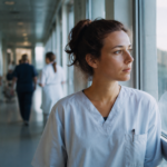Jeune soignante pensive dans le couloir d'un hôpital face aux questions de fin de vie.