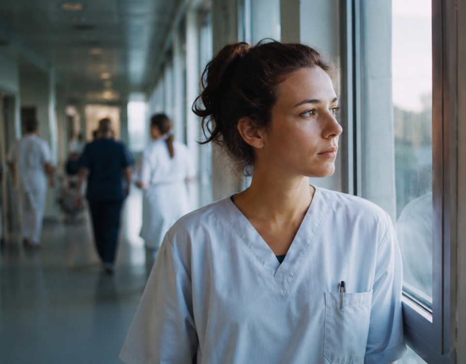 Jeune soignante pensive dans le couloir d'un hôpital face aux questions de fin de vie.