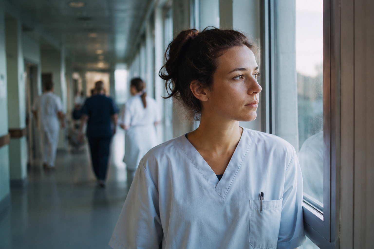 Jeune soignante pensive dans le couloir d'un hôpital face aux questions de fin de vie.