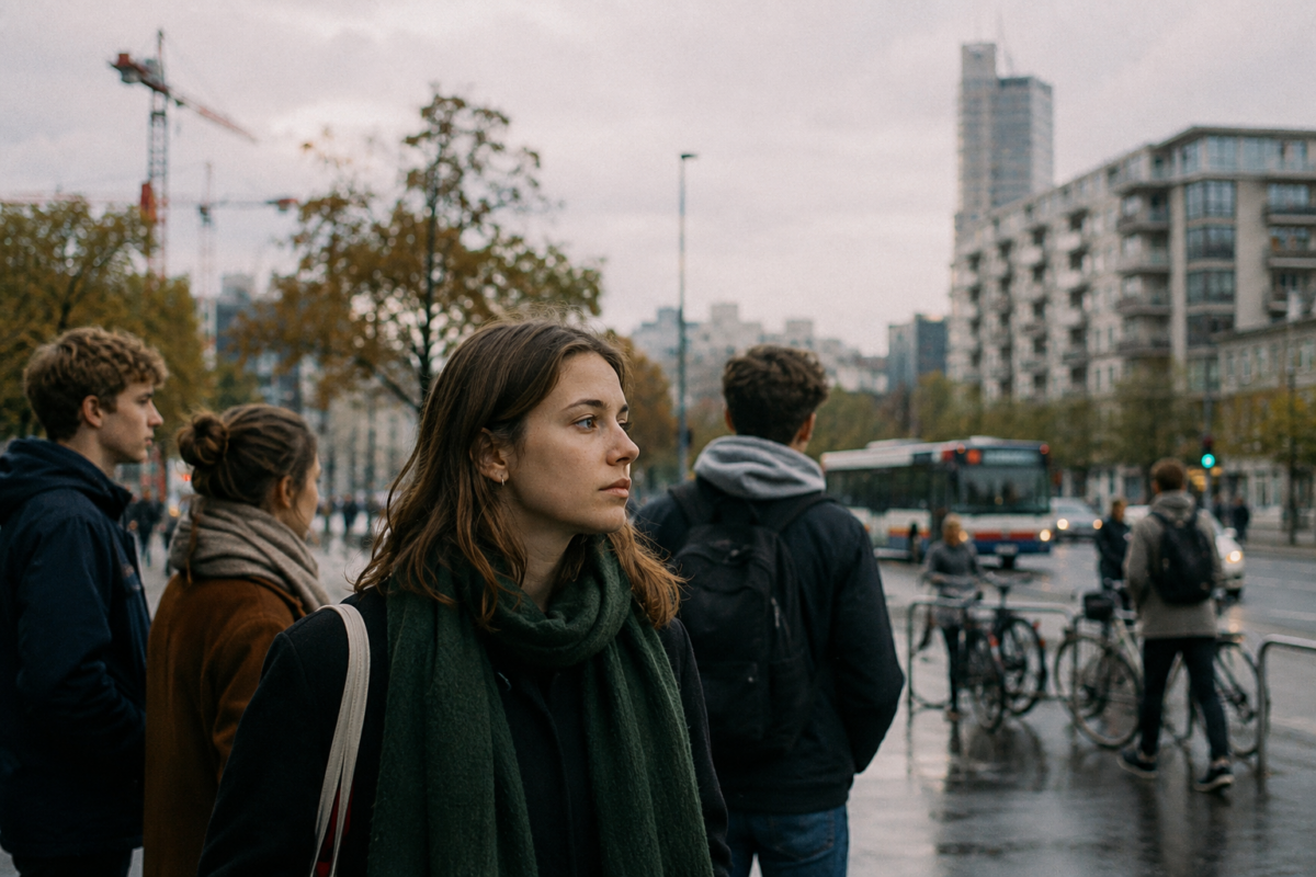 Jeunes adultes dans une ville évoquant les incertitudes sociales et environnementales de leur génération.