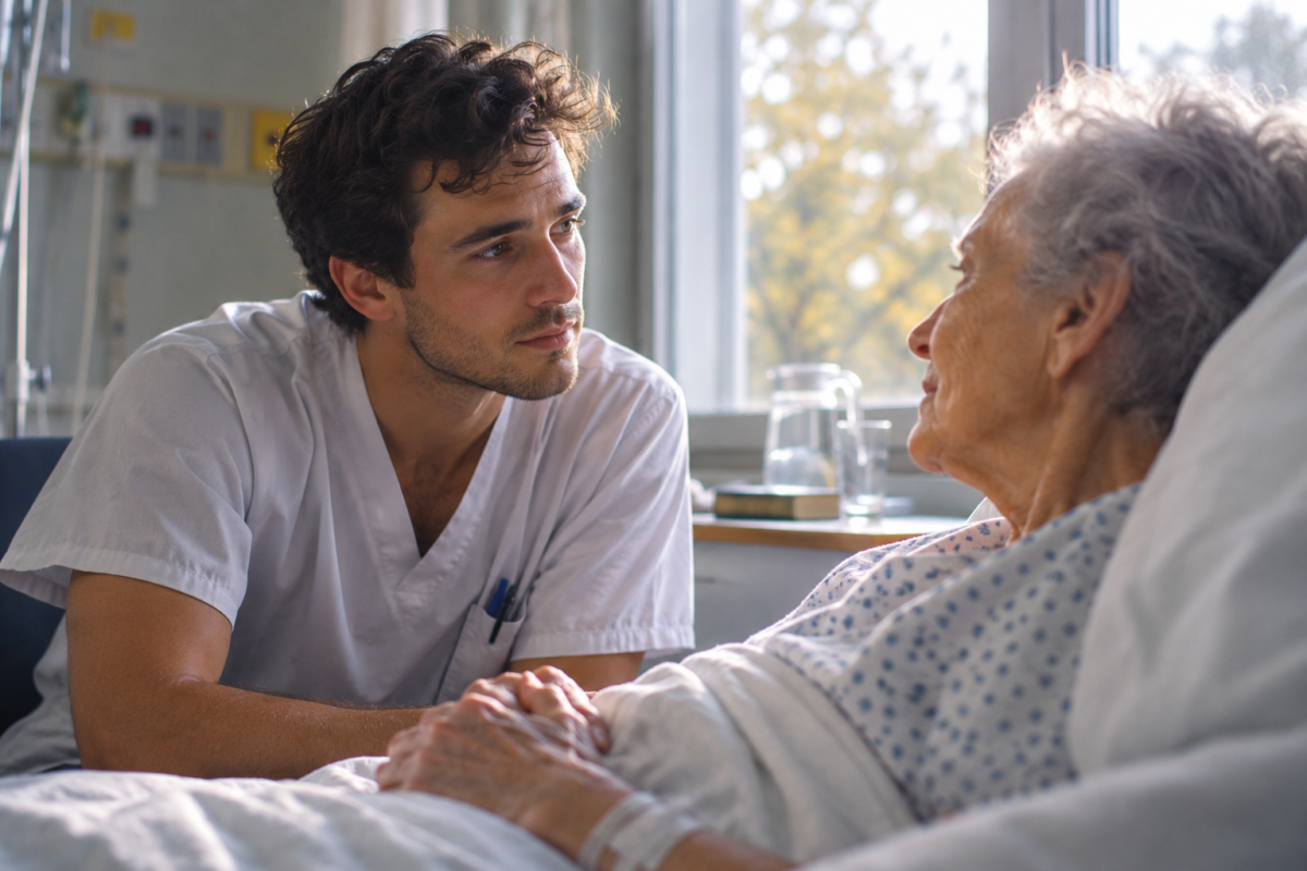 Jeune soignant échangeant avec un patient âgé dans une chambre d'hôpital.