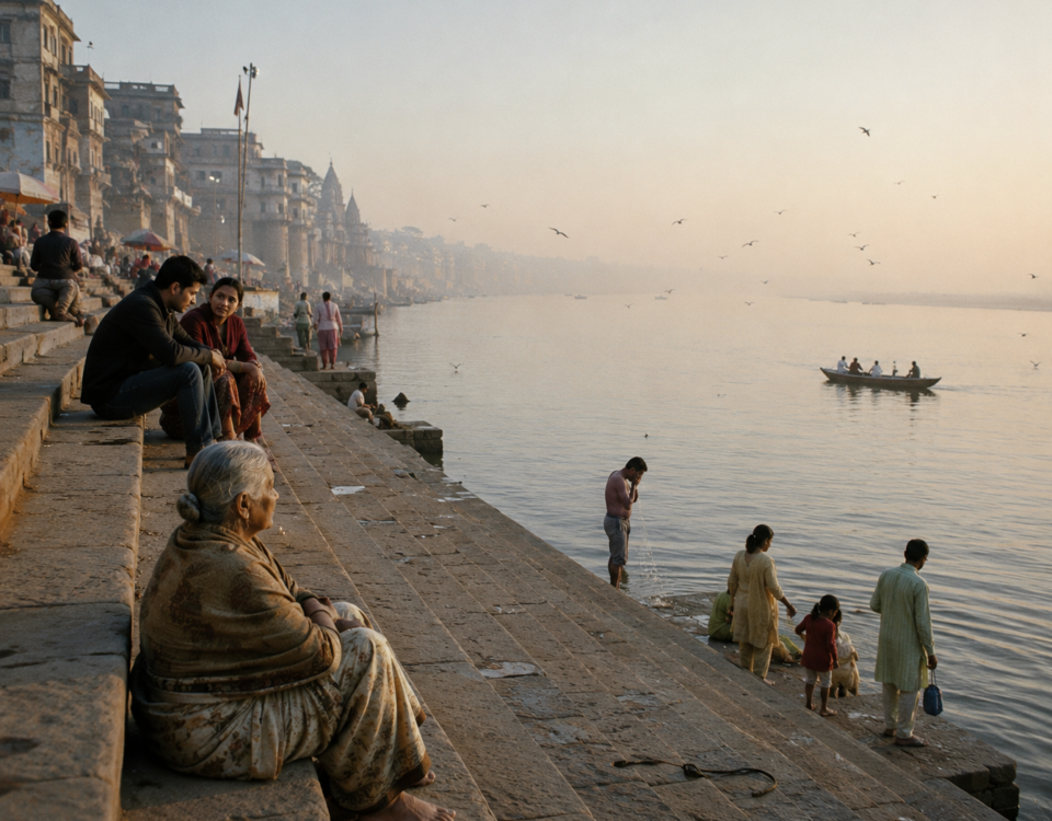 Plusieurs générations au bord du Gange à Varanasi au lever du jour.