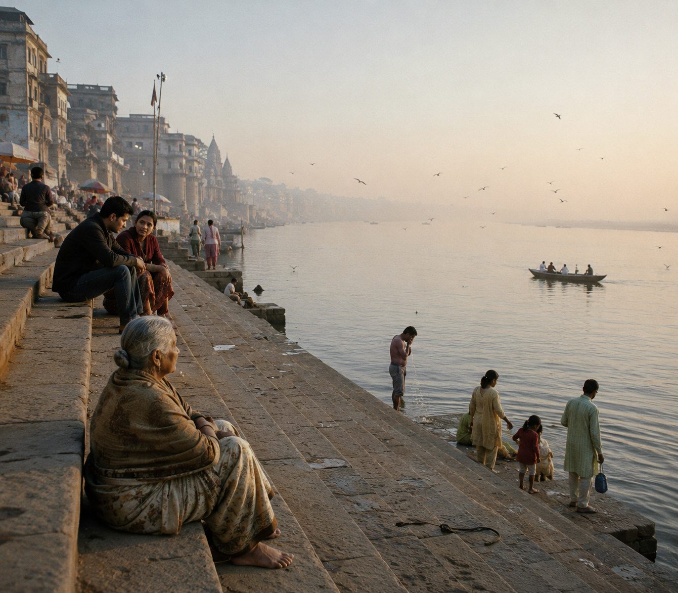 Plusieurs générations au bord du Gange à Varanasi au lever du jour.