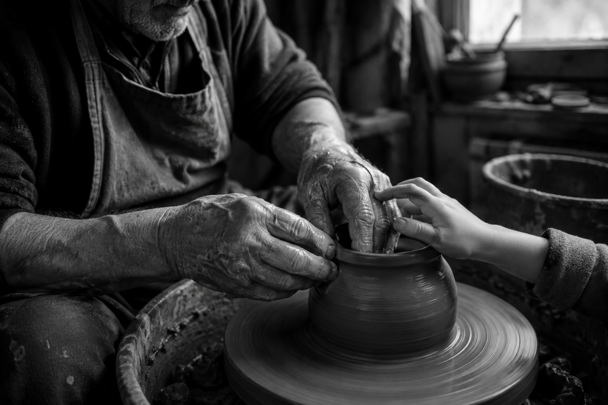 Les mains âgées d’un potier façonnent l’argile tandis qu’une main plus jeune accompagne son geste.