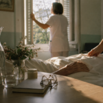 Une infirmière ouvre les volets d’une chambre tandis que les objets quotidiens d’un patient restent disposés près de son lit.