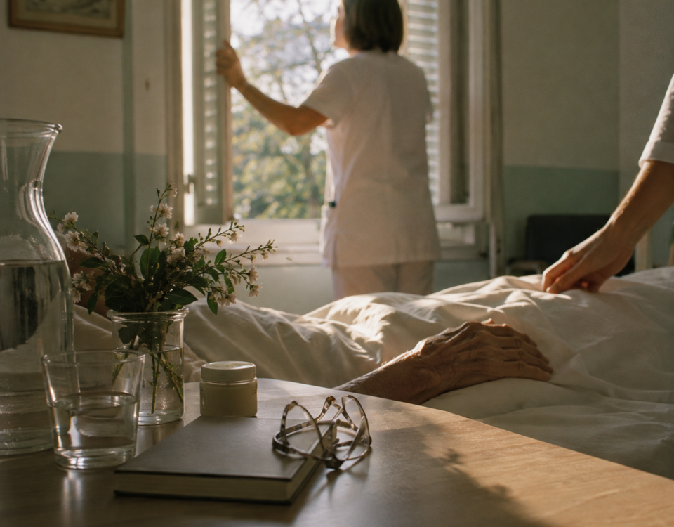 Une infirmière ouvre les volets d’une chambre tandis que les objets quotidiens d’un patient restent disposés près de son lit.