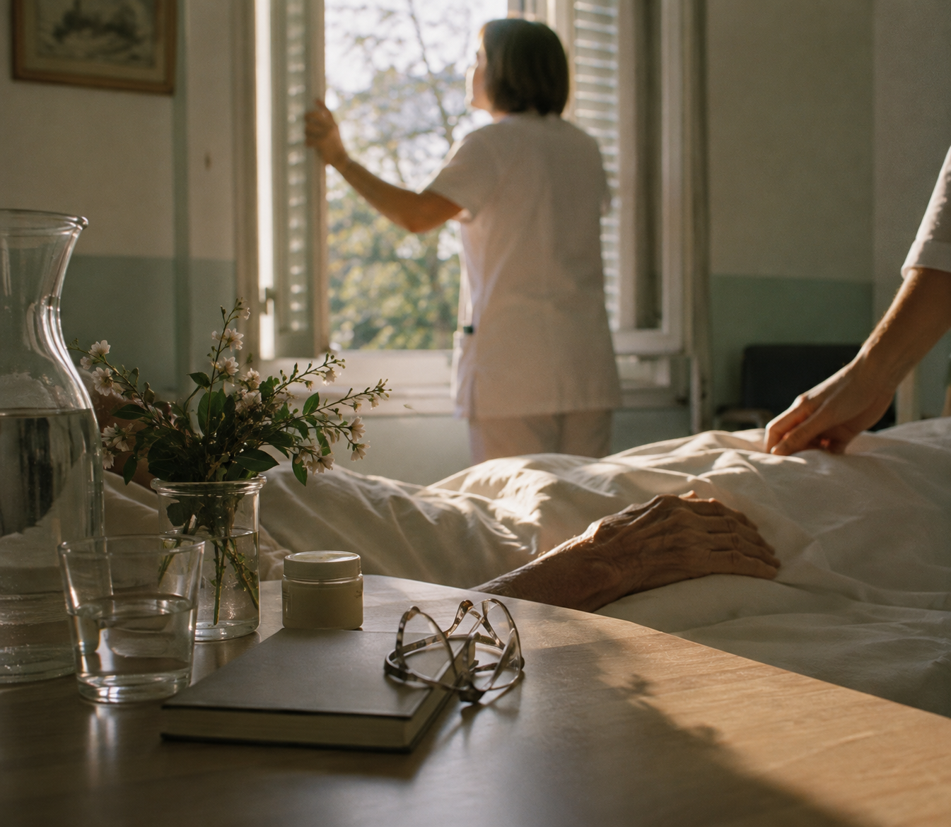Une infirmière ouvre les volets d’une chambre tandis que les objets quotidiens d’un patient restent disposés près de son lit.