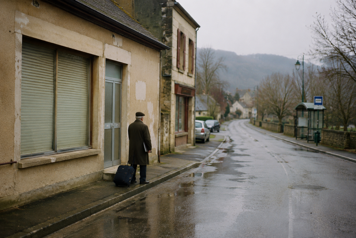 Un homme âgé attend dans un village rural devant une ancienne structure médicale fermée.