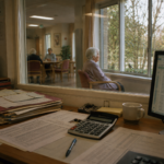 Des documents comptables occupent un bureau tandis qu’une personne âgée apparaît derrière une baie vitrée dans un espace de vie.