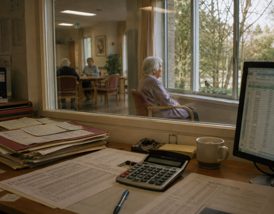 Des documents comptables occupent un bureau tandis qu’une personne âgée apparaît derrière une baie vitrée dans un espace de vie.