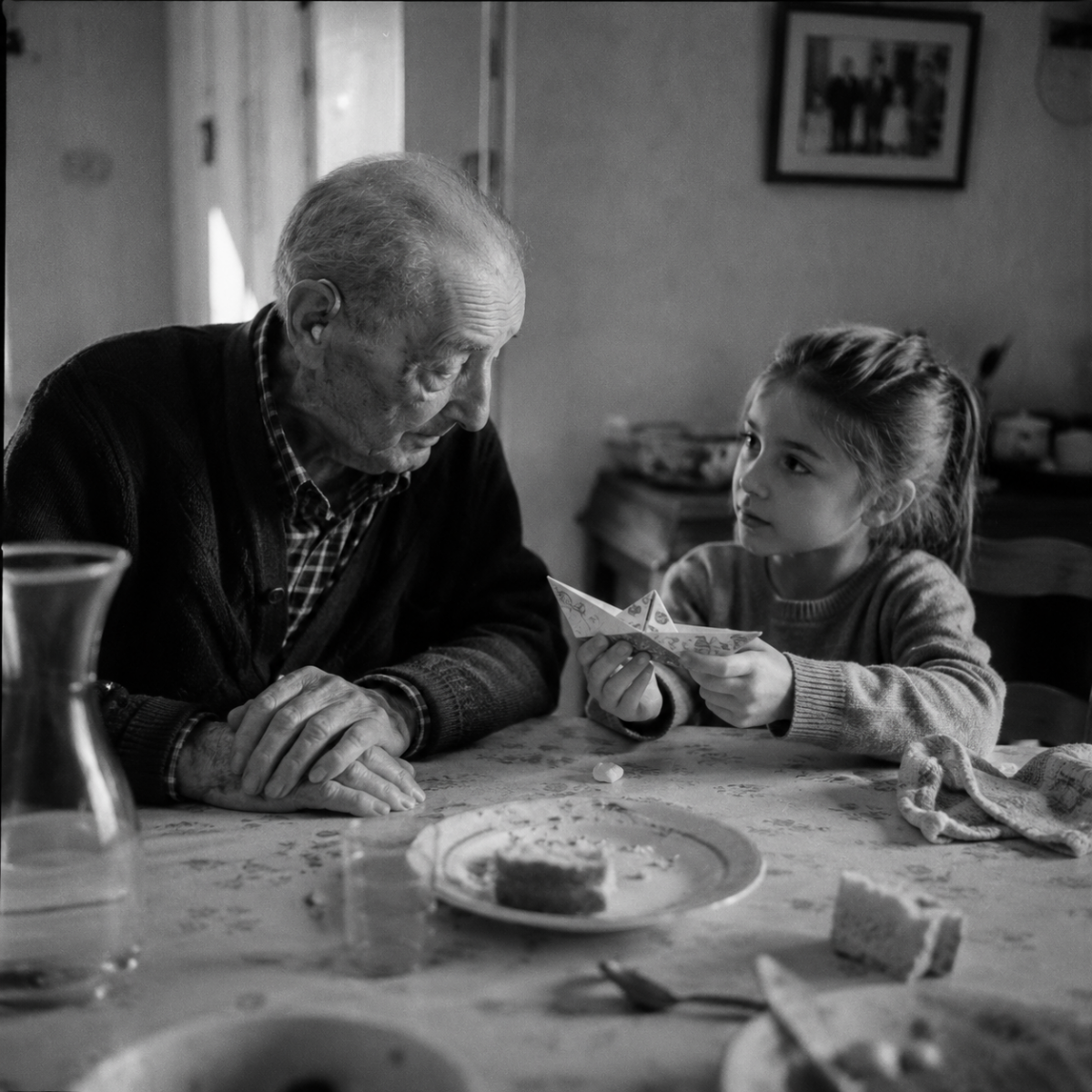 Un homme très âgé regarde attentivement un objet que lui présente son arrière-petite-fille à table.