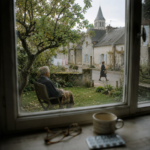 Un homme très âgé assis dans son jardin regarde la rue d’un petit village français depuis sa maison.