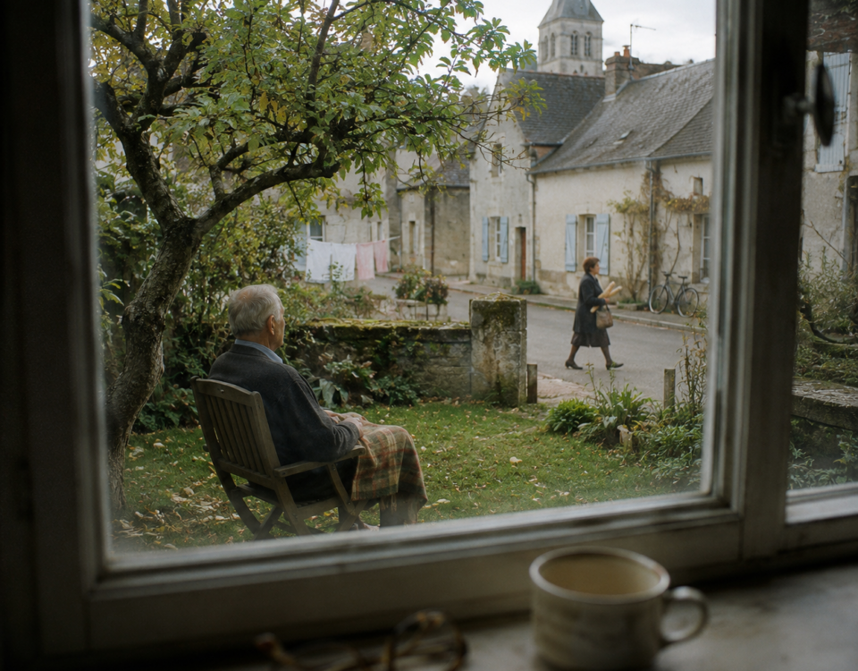 Un homme très âgé assis dans son jardin regarde la rue d’un petit village français depuis sa maison.