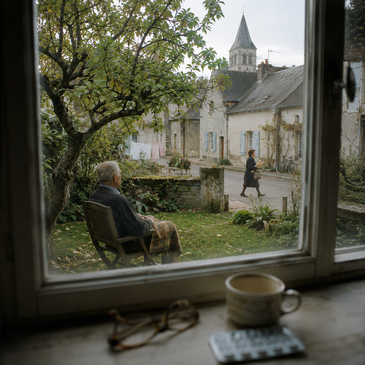 Un homme très âgé assis dans son jardin regarde la rue d’un petit village français depuis sa maison.