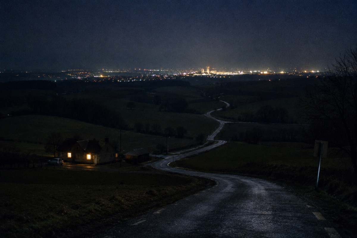Une maison isolée dans la campagne est séparée par plusieurs kilomètres de route des lumières d’une ville lointaine.