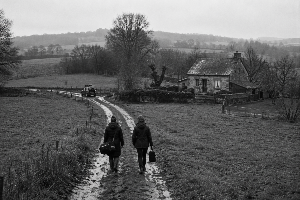 Deux professionnelles de santé parcourent à pied un chemin rural pour rejoindre une maison isolée.
