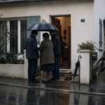 Trois membres d’une famille se tiennent sous un parapluie devant une maison tandis qu’un parapluie fermé et une paire de chaussures restent près de l’entrée.