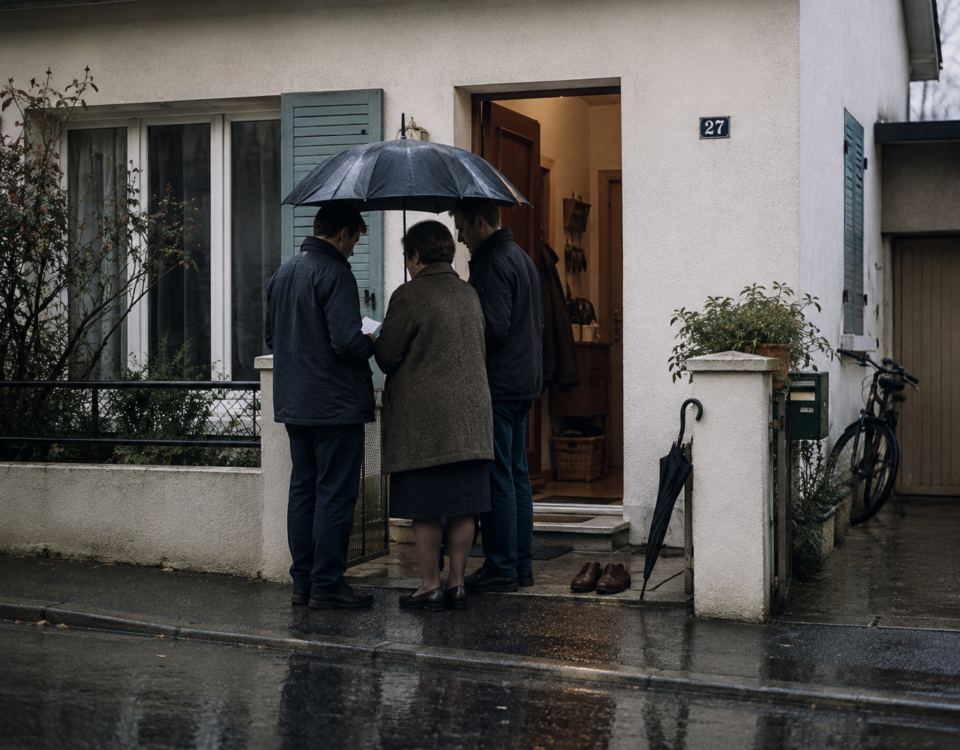 Trois membres d’une famille se tiennent sous un parapluie devant une maison tandis qu’un parapluie fermé et une paire de chaussures restent près de l’entrée.