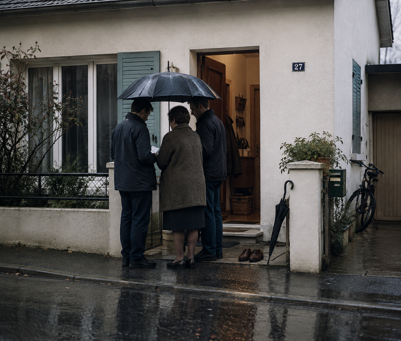 Trois membres d’une famille se tiennent sous un parapluie devant une maison tandis qu’un parapluie fermé et une paire de chaussures restent près de l’entrée.