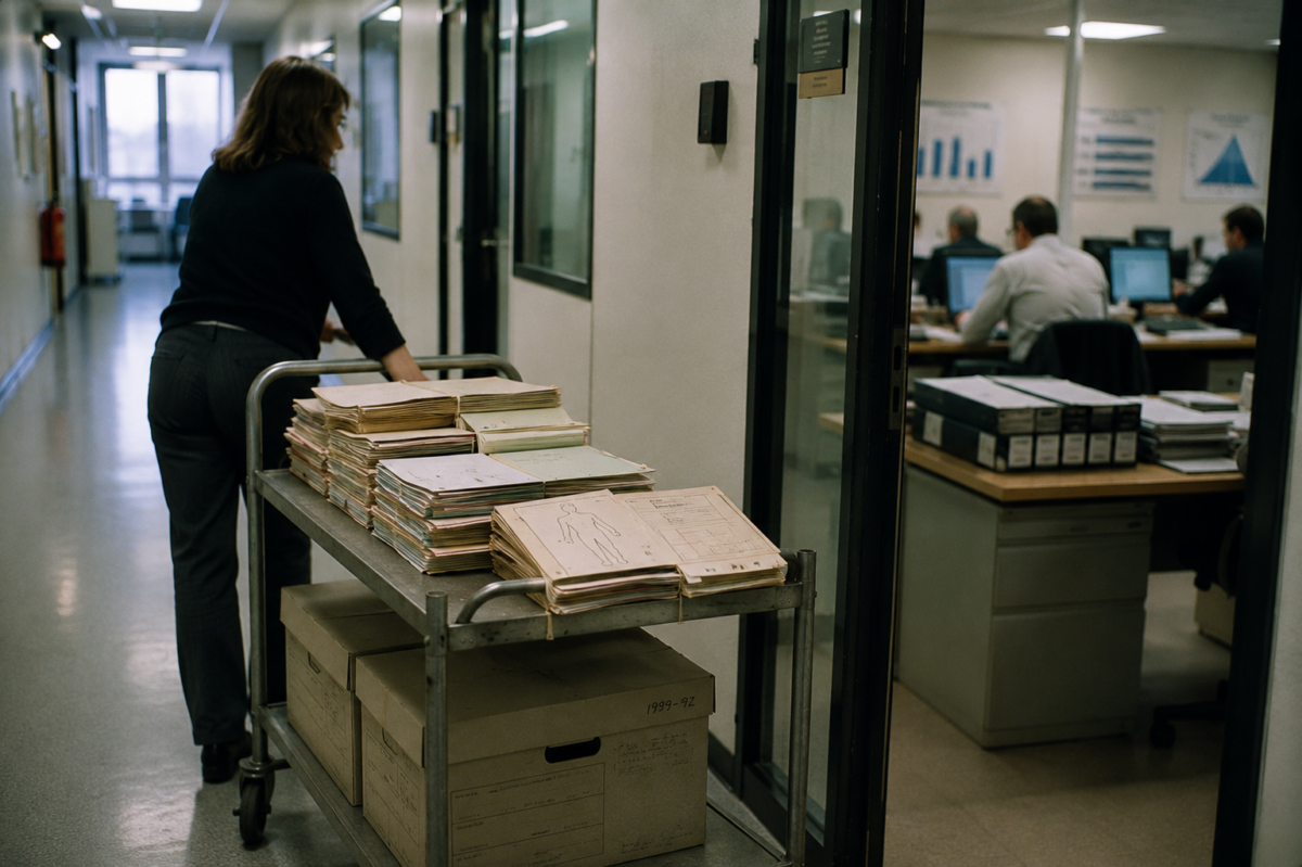 Des dossiers médicaux sont transportés sur un chariot dans le couloir d’un bâtiment administratif.