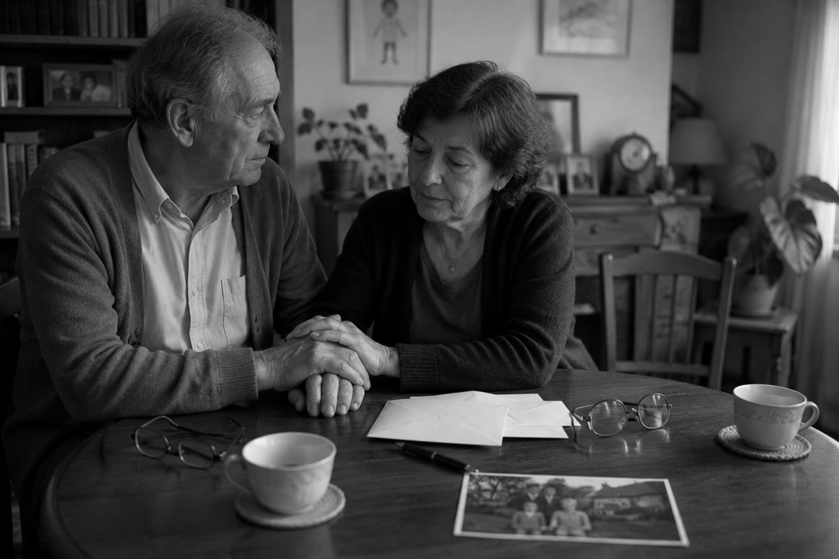 Un couple âgé se tient les mains devant quelques documents et une ancienne photographie familiale.