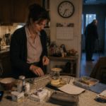 Une femme prépare médicaments, petit-déjeuner et repas de travail tôt le matin dans sa cuisine.