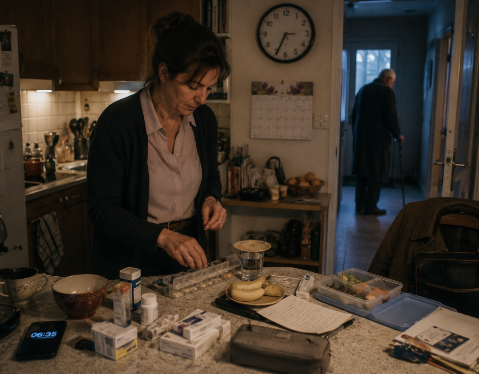 Une femme prépare médicaments, petit-déjeuner et repas de travail tôt le matin dans sa cuisine.