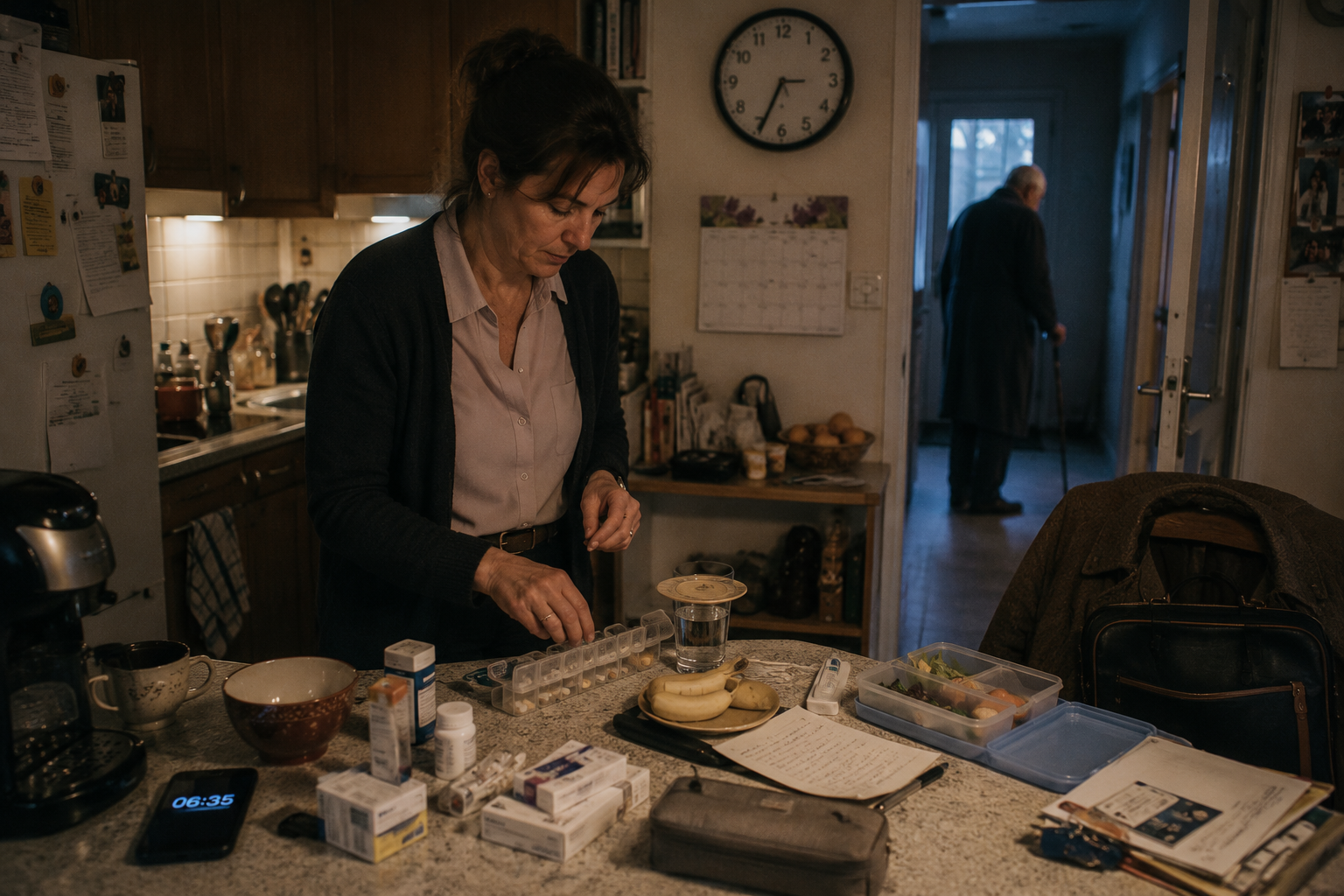 Une femme prépare médicaments, petit-déjeuner et repas de travail tôt le matin dans sa cuisine.