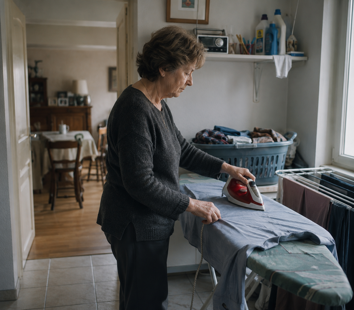 Une femme âgée s’immobilise en repassant une chemise masculine dans la buanderie de sa maison.