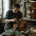 Un artisan présentant un handicap à un bras restaure minutieusement un violoncelle dans son atelier.