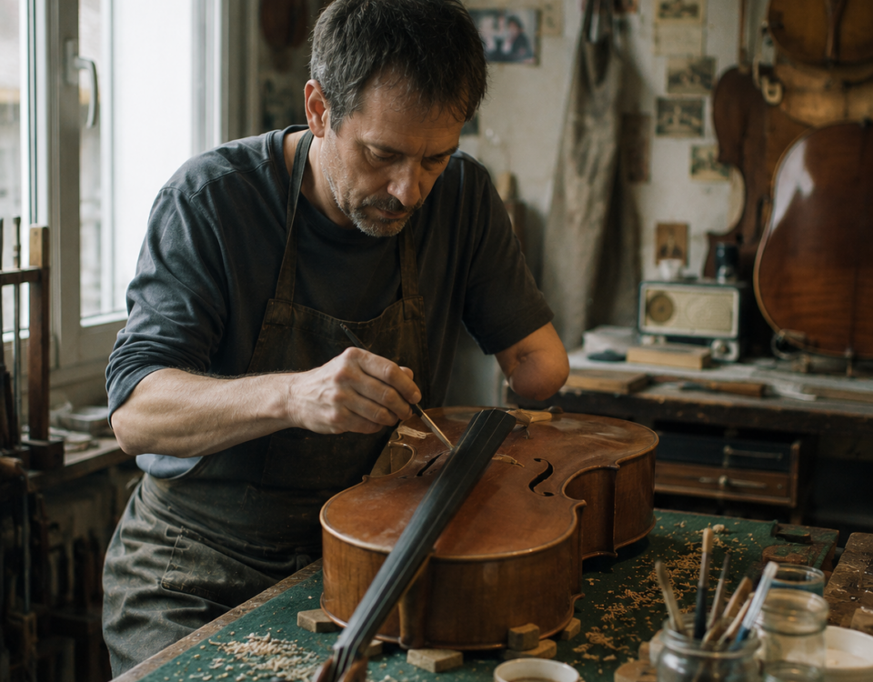 Un artisan présentant un handicap à un bras restaure minutieusement un violoncelle dans son atelier.