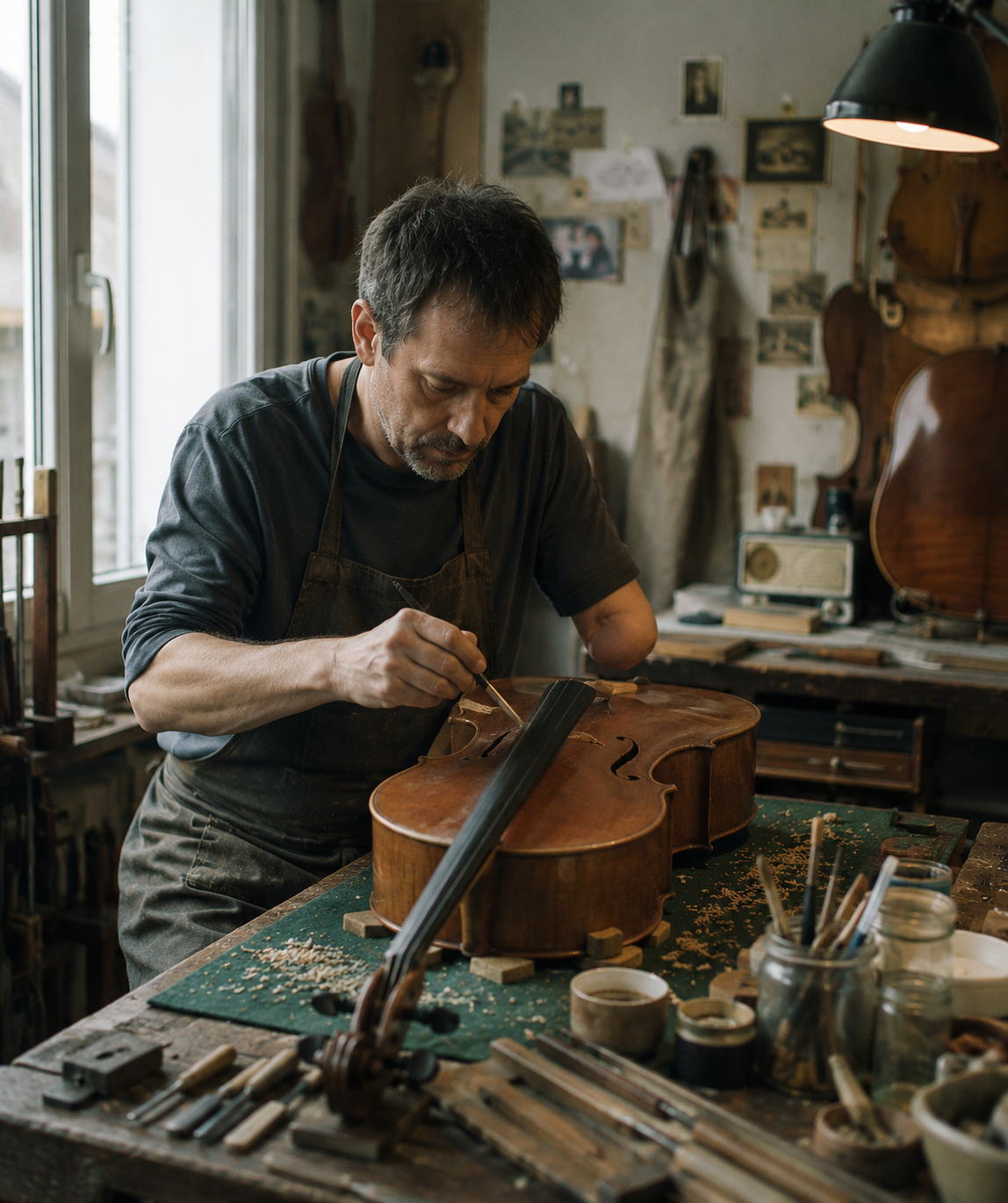 Un artisan présentant un handicap à un bras restaure minutieusement un violoncelle dans son atelier.