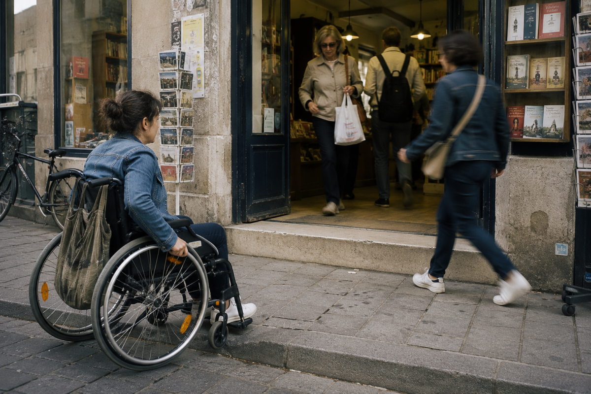 Une femme en fauteuil roulant s’arrête devant l’unique marche séparant le trottoir de l’entrée d’un commerce.