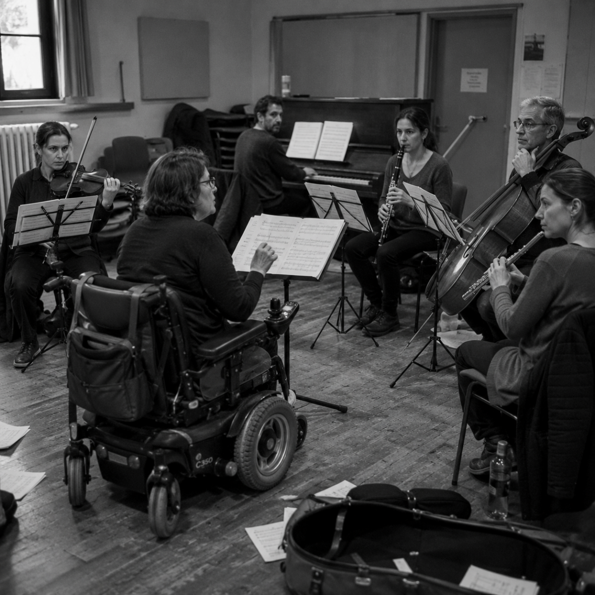 Une femme présentant un handicap moteur dirige plusieurs musiciens attentifs pendant une répétition.