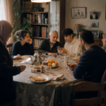 Un homme âgé et affaibli partage un moment ordinaire avec plusieurs générations de sa famille autour d’une table.