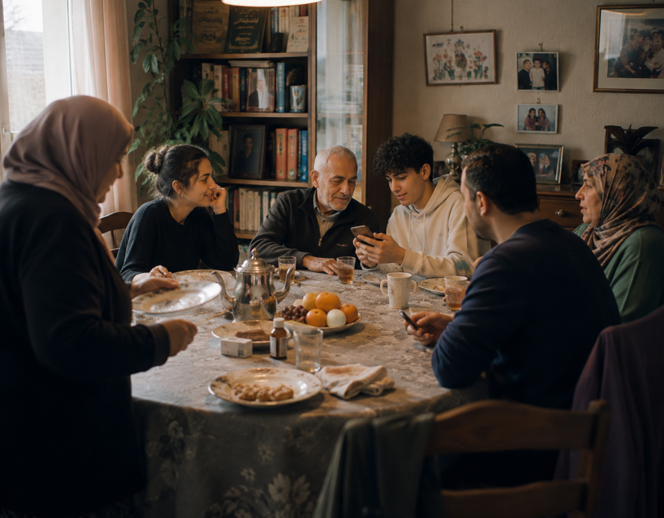 Un homme âgé et affaibli partage un moment ordinaire avec plusieurs générations de sa famille autour d’une table.
