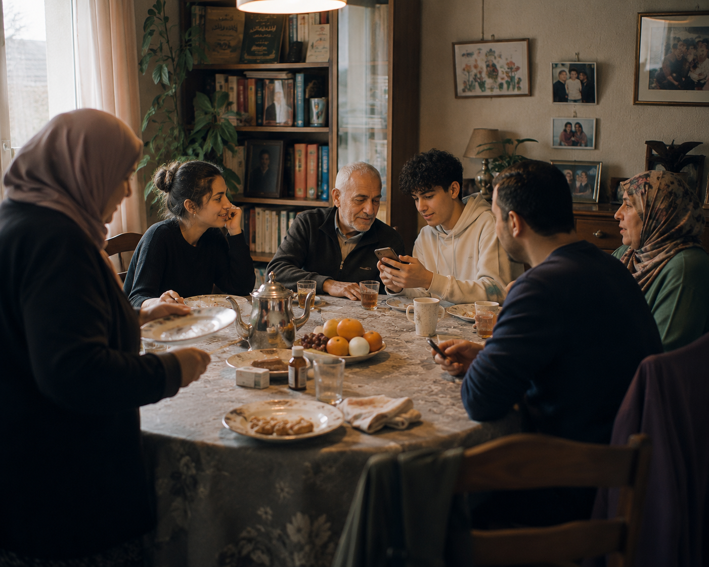 Un homme âgé et affaibli partage un moment ordinaire avec plusieurs générations de sa famille autour d’une table.